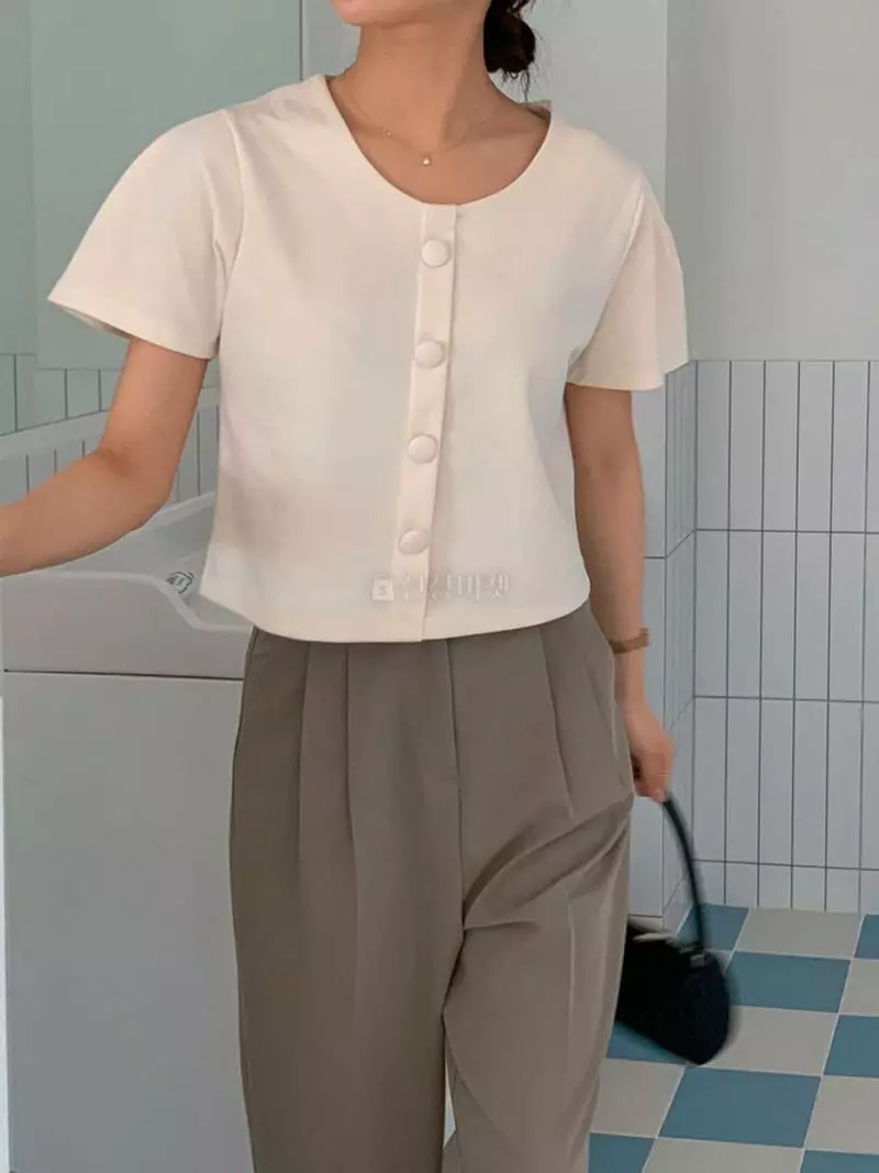 Hither - Korean Women Fashion - #womensfashion - Chucream Button Tee - 2
