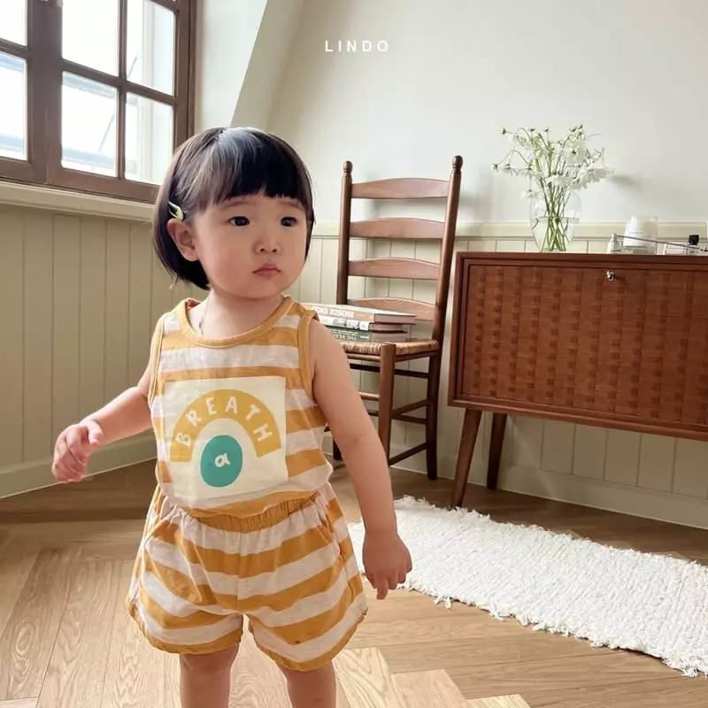 Lindo - Korean Children Fashion - #prettylittlegirls - Big Stripes Sleeveless Top Bottom Set - 2