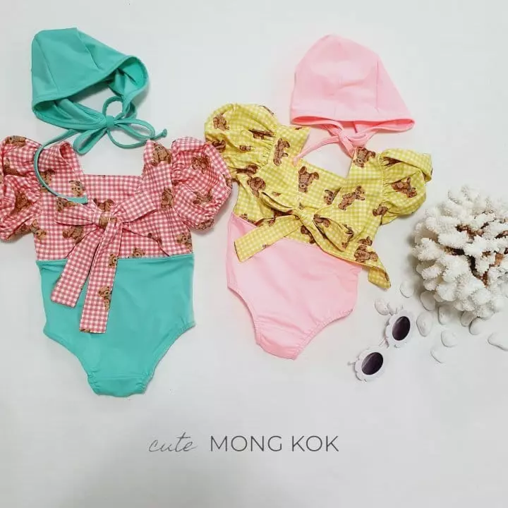 Mong Kok - Korean Children Fashion - #kidsshorts - Bear Check One-piece Swimwear