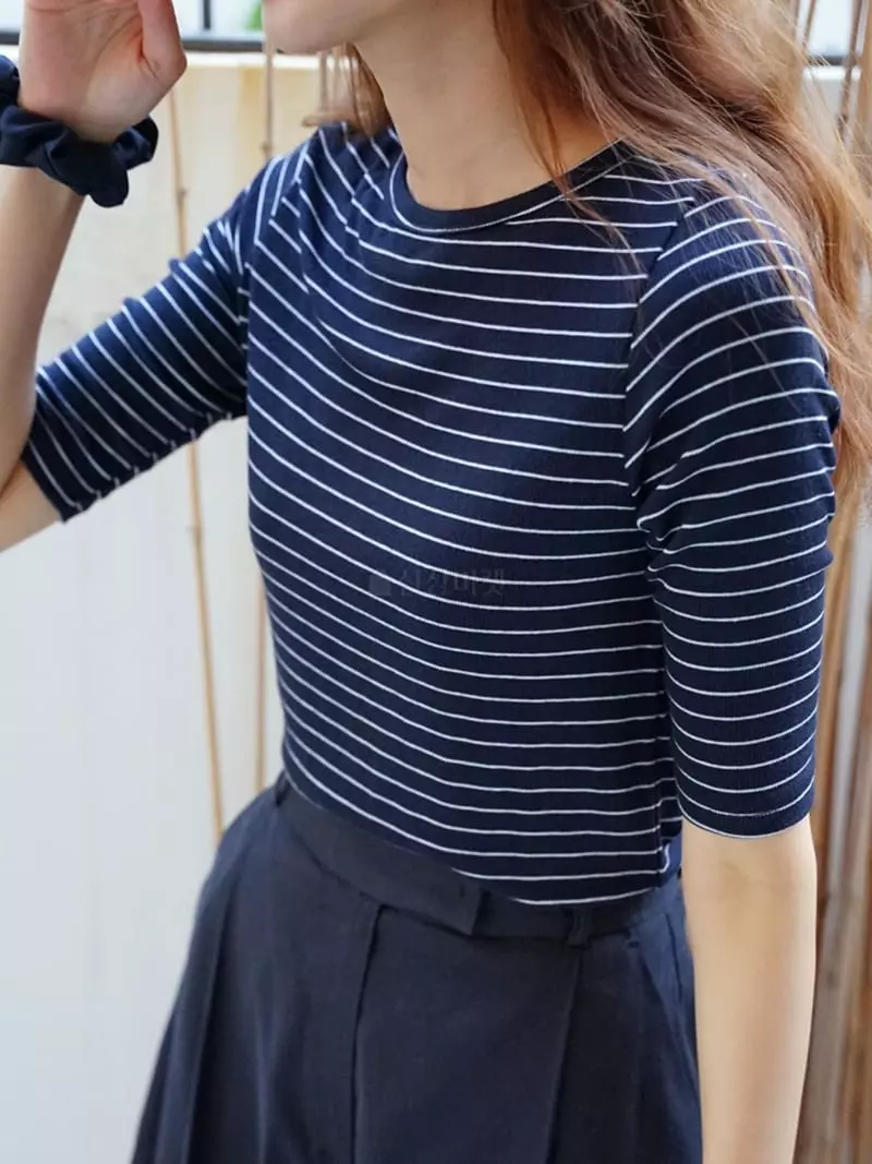 Nan - Korean Women Fashion - #vintageinspired - Marine Boat Neck Tee