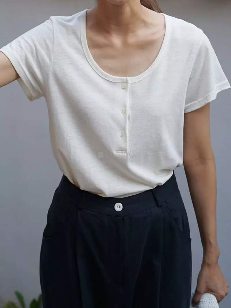 Nan - Korean Women Fashion - #vintageinspired - Henry Neck Tee - 2
