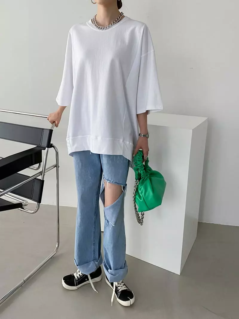Then - Korean Women Fashion - #restrostyle - Overfit Slit Tee - 4