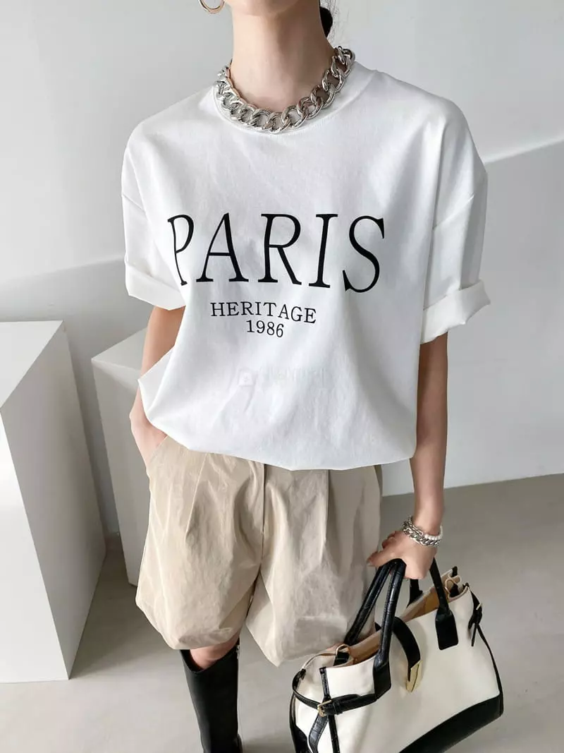 Then - Korean Women Fashion - #vintageinspired - Paris Short Sleeves Teee - 4
