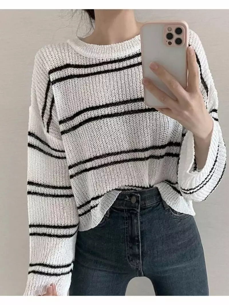 To U - Korean Women Fashion - #momslook - Little Marine Stripes Knit Tee - 3