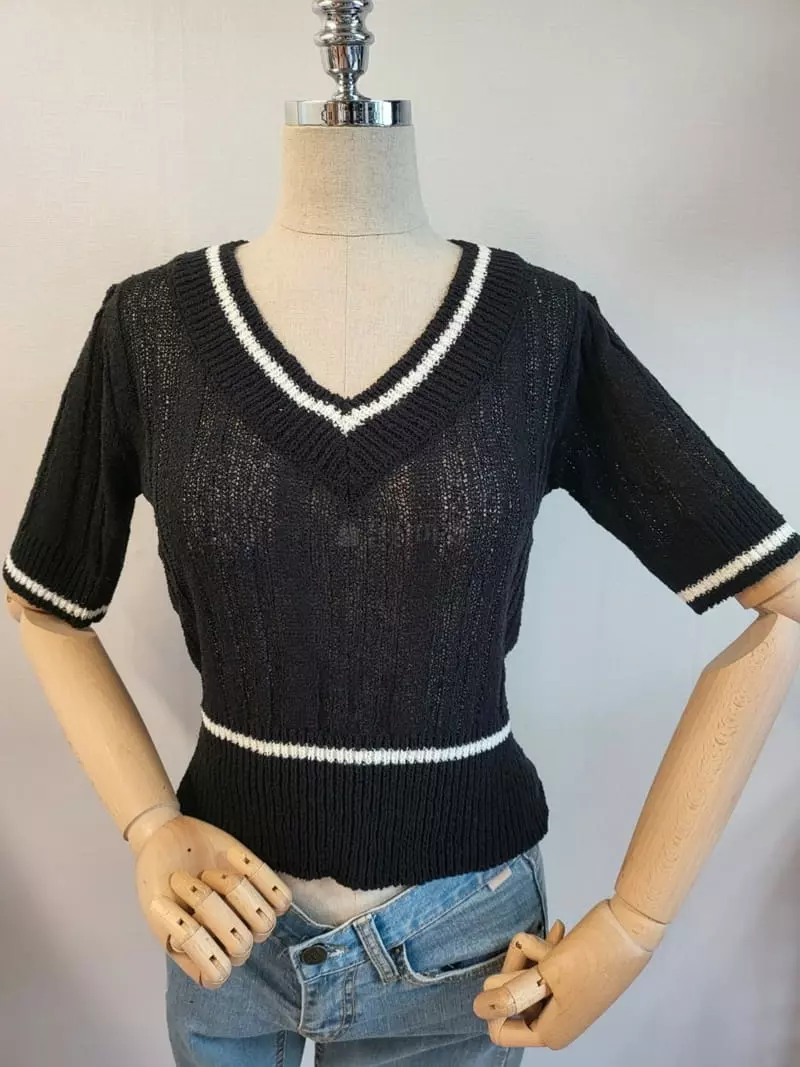 To U - Korean Women Fashion - #womensfashion - Peanut Stripes V Knit Tee - 3
