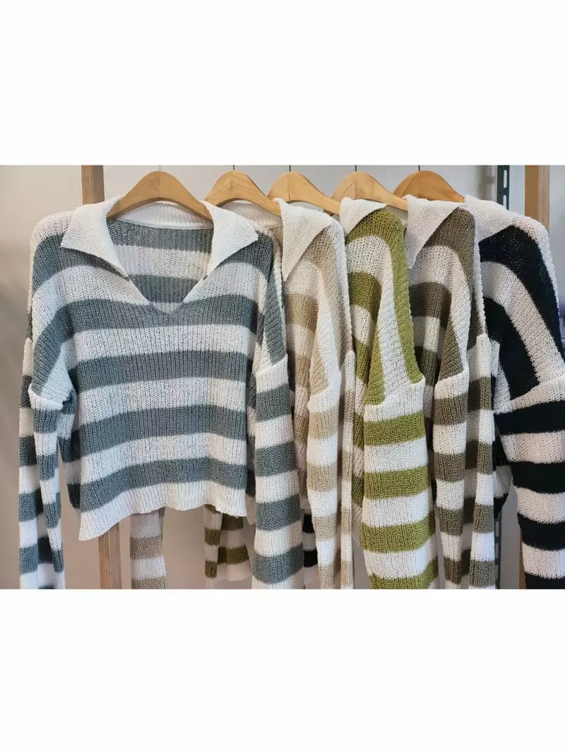 To U - Korean Women Fashion - #momslook - Open Stripes Knit Tee - 4