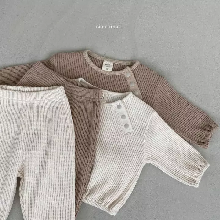 Bebe Holic - Korean Baby Fashion - #babyboutique - Cream Waffle Top Bottom Set - 7