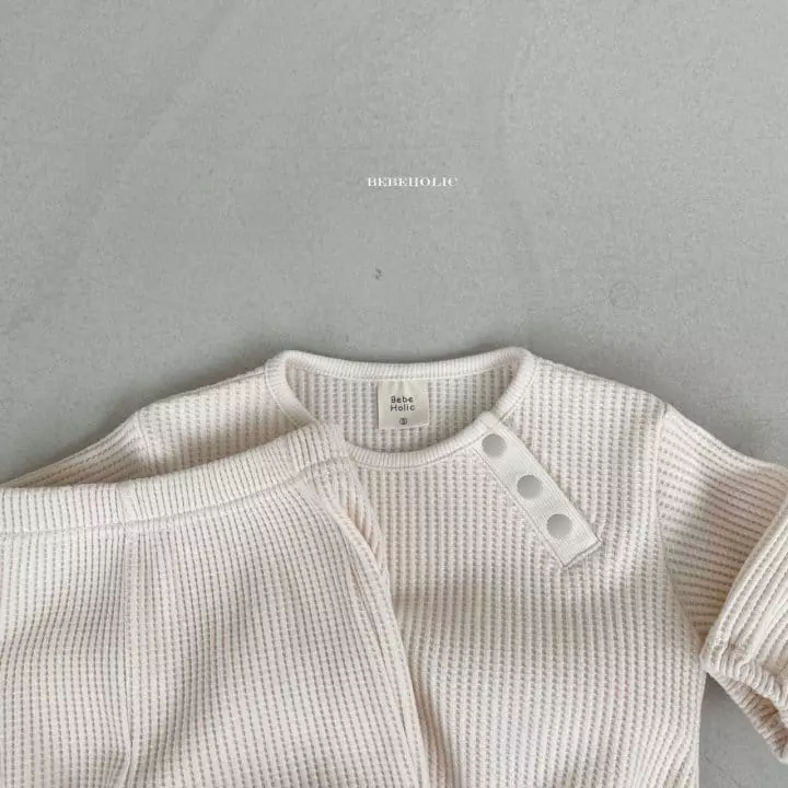 Bebe Holic - Korean Baby Fashion - #babyfever - Cream Waffle Top Bottom Set - 12