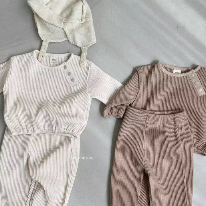 Bebe Holic - Korean Baby Fashion - #babyoutfit - Cream Waffle Top Bottom Set - 2