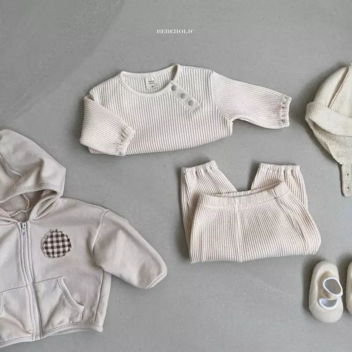 Bebe Holic - Korean Baby Fashion - #babyoutfit - Cream Waffle Top Bottom Set - 3