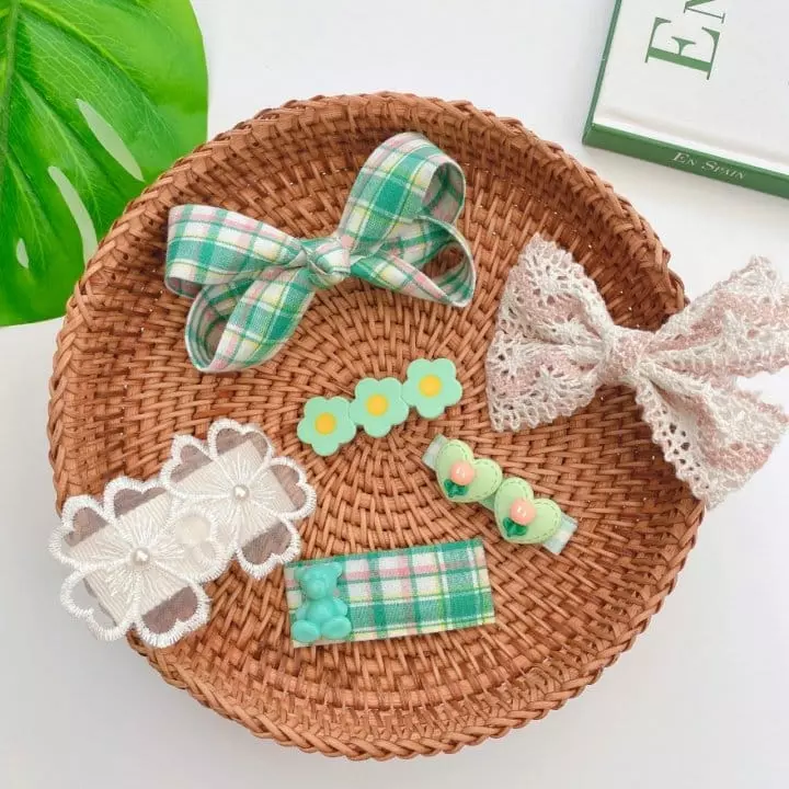 Mins - Korean Children Fashion - #kidsstore - Green Check Hairpin Set - 3