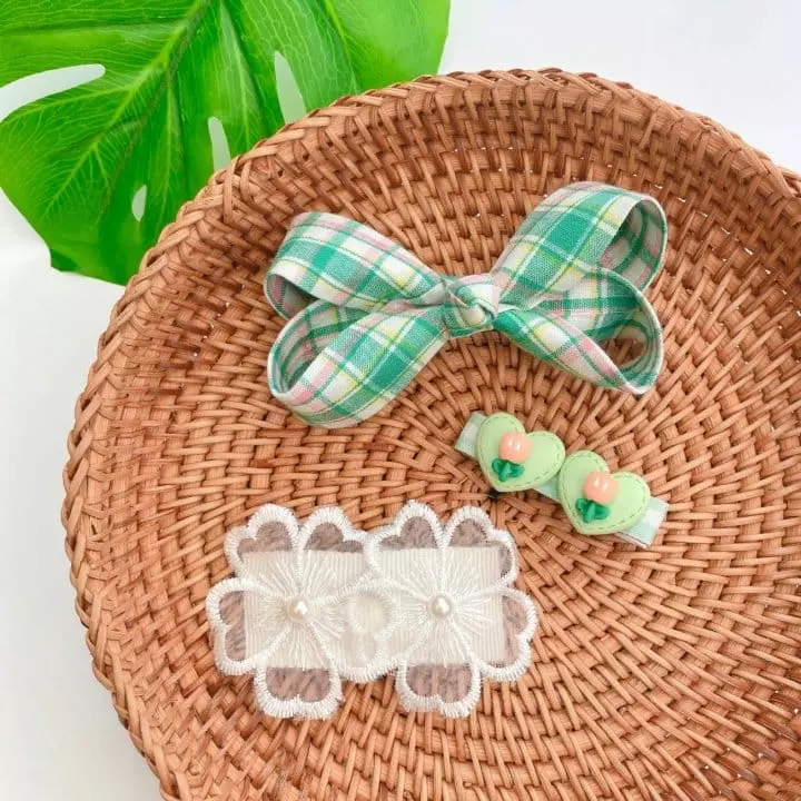 Mins - Korean Children Fashion - #kidsstore - Green Check Hairpin Set - 4