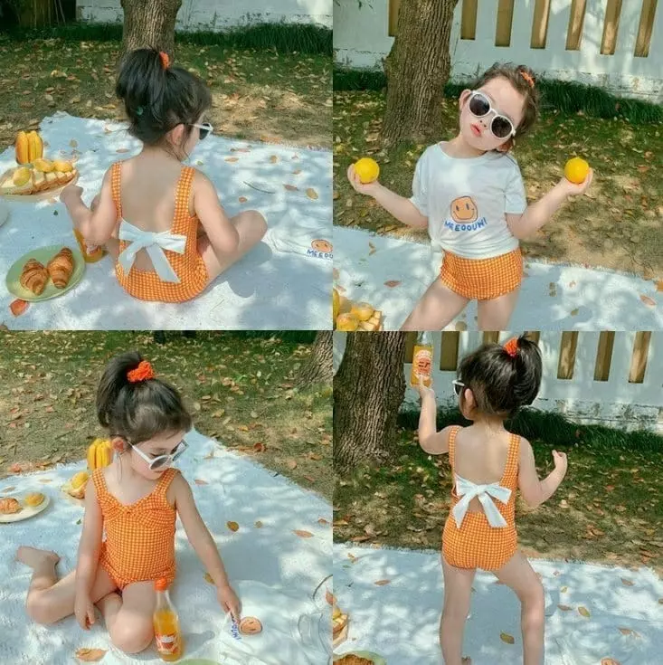 Miso - Korean Children Fashion - #littlefashionista - Orange Swimwear with Tee - 2