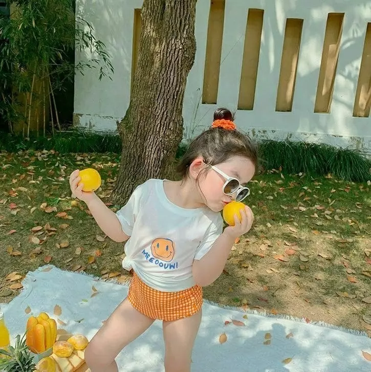 Miso - Korean Children Fashion - #prettylittlegirls - Orange Swimwear with Tee - 5