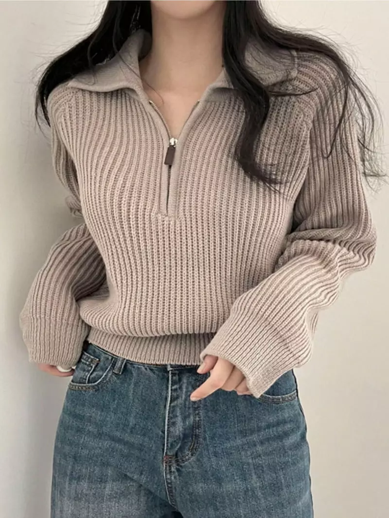 Anne - Korean Women Fashion - #momslook - Crom Collar Knit Tee - 2