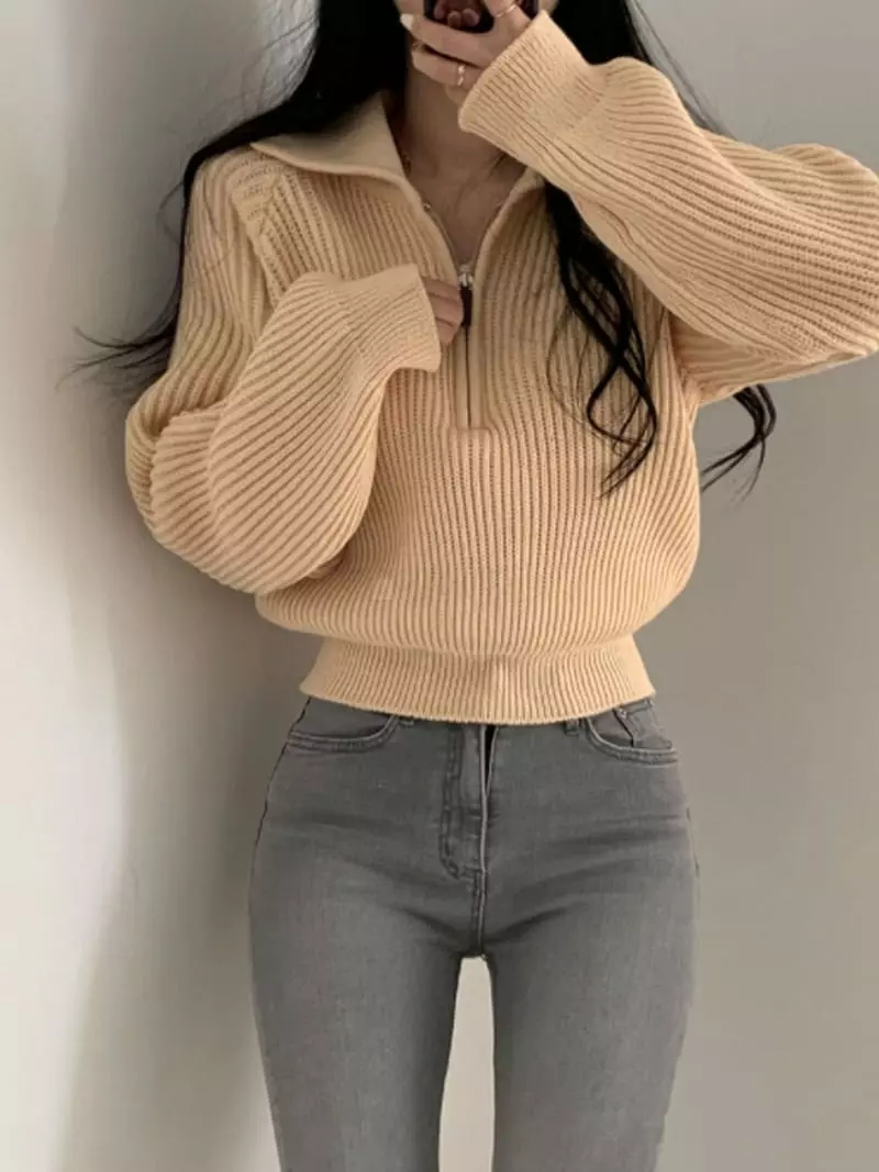 Anne - Korean Women Fashion - #womensfashion - Crom Collar Knit Tee - 3