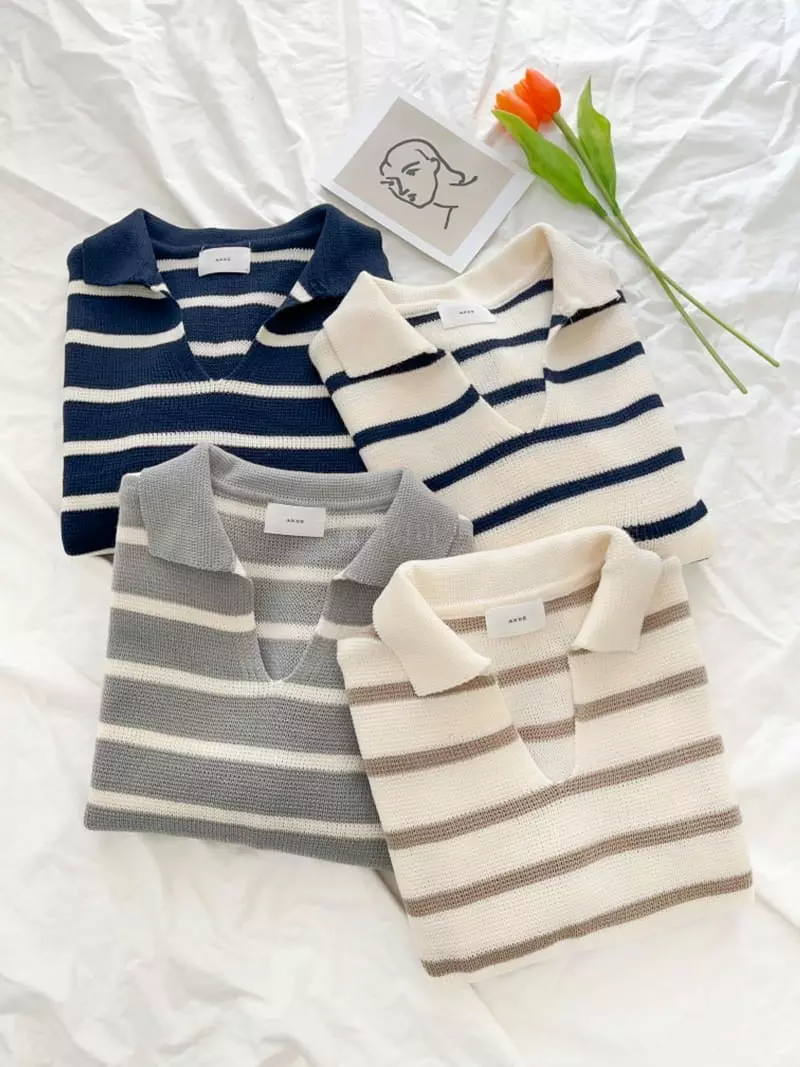 Anne - Korean Women Fashion - #womensfashion - Collar Slit Stripes Knit Tee
