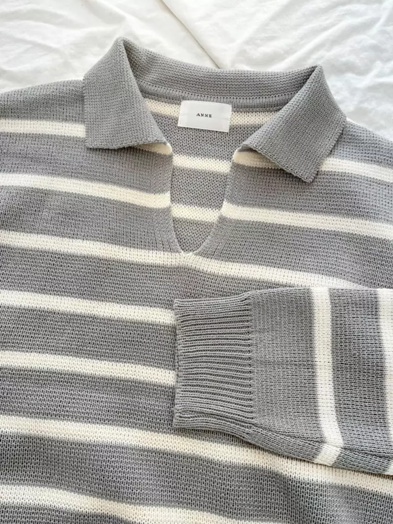 Anne - Korean Women Fashion - #womensfashion - Collar Slit Stripes Knit Tee - 3