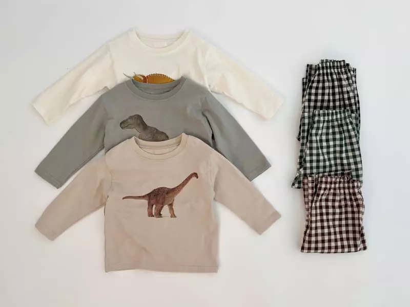 Bebe Nine - Korean Children Fashion - #littlefashionista - Dino Check Top Bottom Set