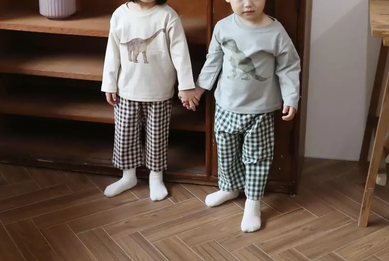 Bebe Nine - Korean Children Fashion - #minifashionista - Dino Check Top Bottom Set - 4