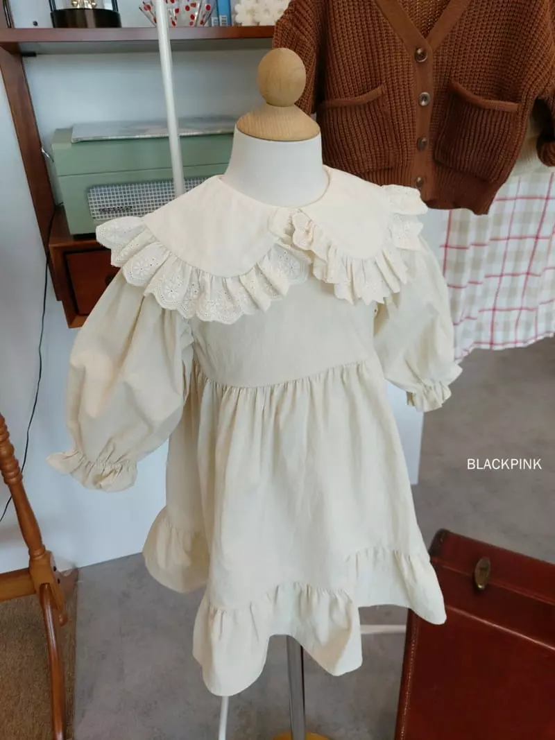 Black Pink - Korean Children Fashion - #fashionkids - Lace Big Collar One-piece - 3