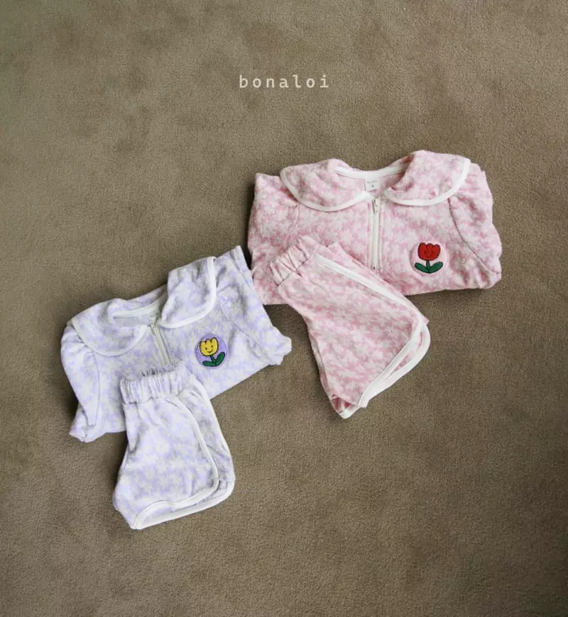 Bonaloi - Korean Children Fashion - #Kfashion4kids - Flower Terry Top Bottom Set
