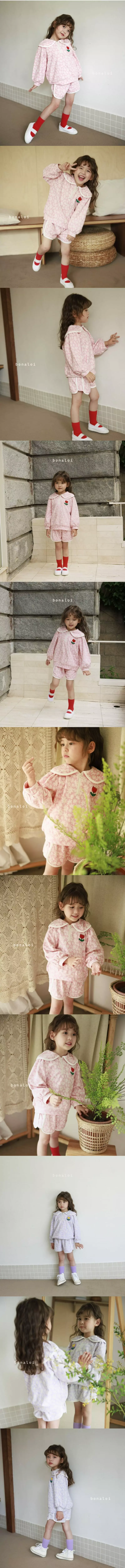 Bonaloi - Korean Children Fashion - #littlefashionista - Flower Terry Top Bottom Set - 2