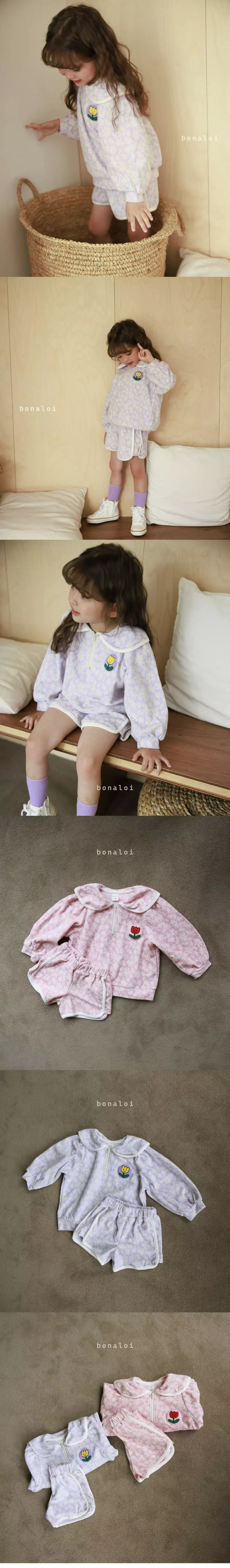 Bonaloi - Korean Children Fashion - #magicofchildhood - Flower Terry Top Bottom Set - 3