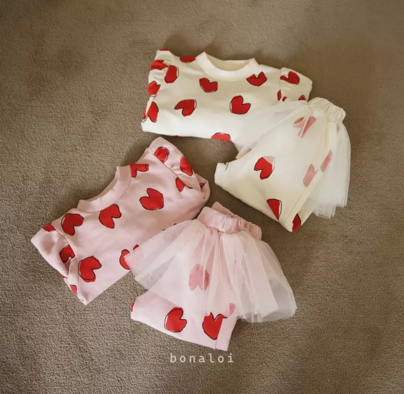 Bonaloi - Korean Children Fashion - #magicofchildhood - Heart Tulip Mesg Top Bottom Set