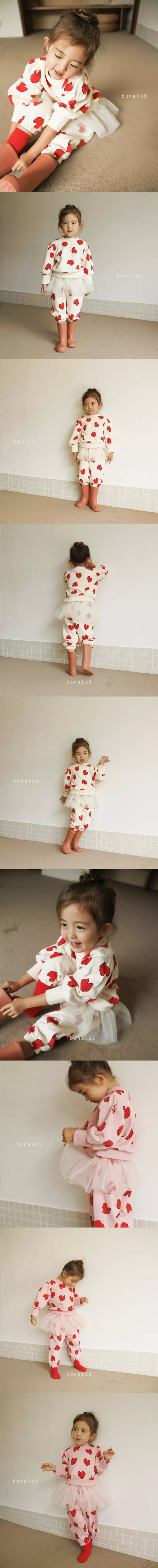 Bonaloi - Korean Children Fashion - #minifashionista - Heart Tulip Mesg Top Bottom Set - 2