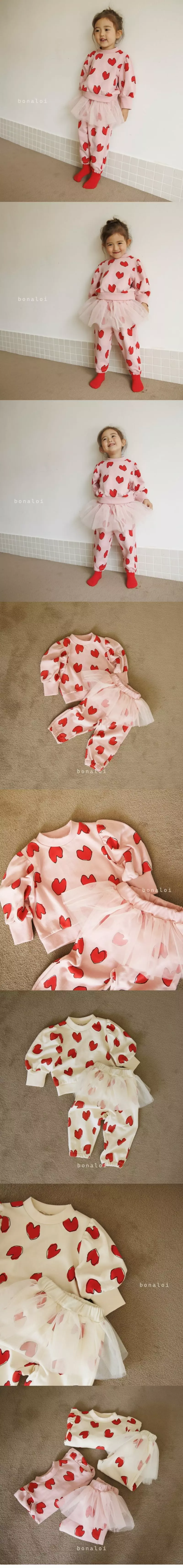 Bonaloi - Korean Children Fashion - #prettylittlegirls - Heart Tulip Mesg Top Bottom Set - 3