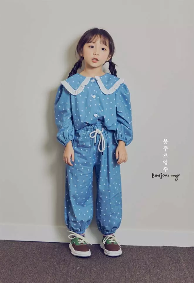 Bonjour Ange - Korean Children Fashion - #discoveringself - Hear Denim Top Bottom Set - 2