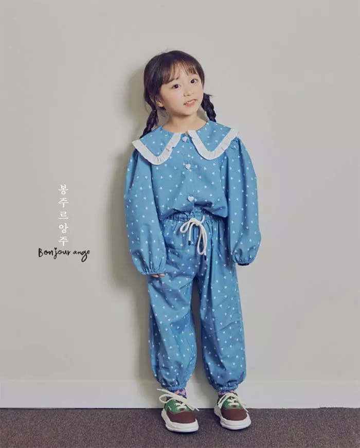 Bonjour Ange - Korean Children Fashion - #fashionkids - Hear Denim Top Bottom Set - 3