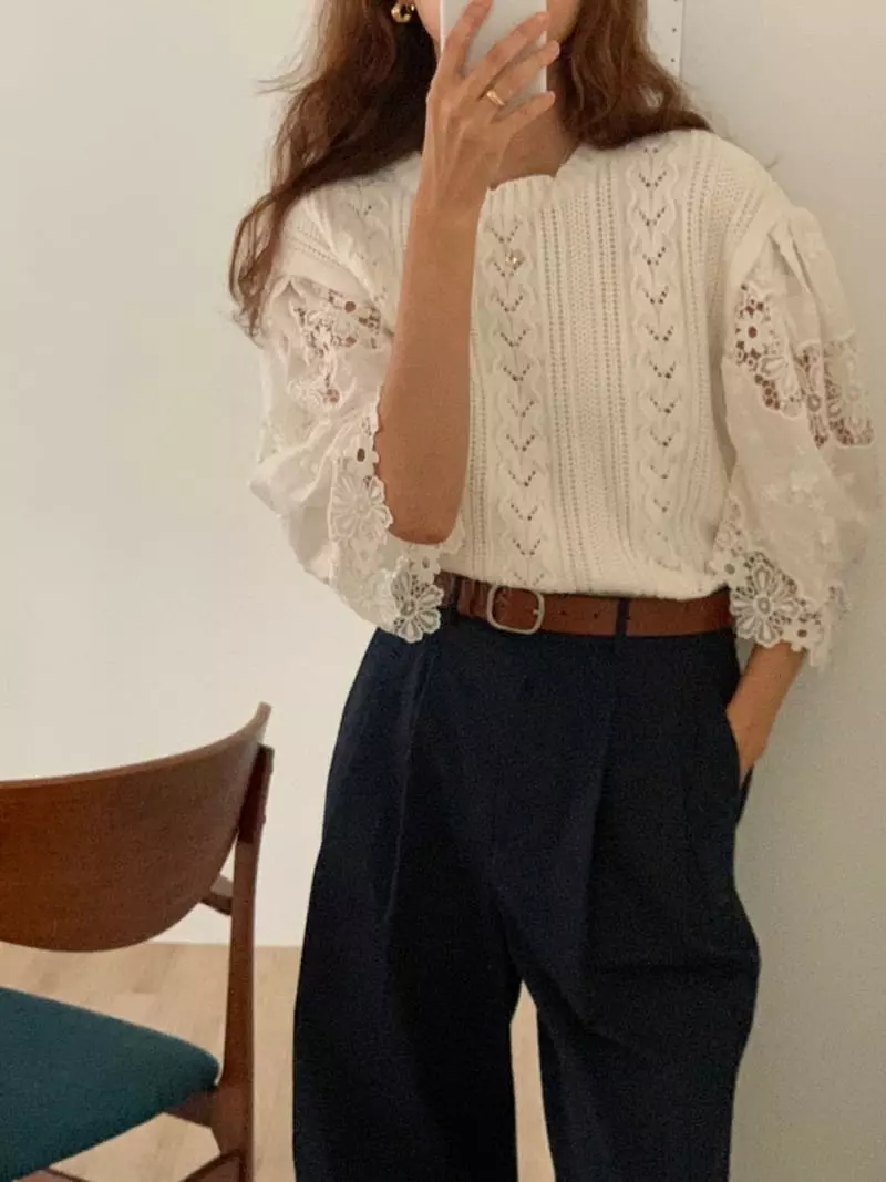 Chapter - Korean Women Fashion - #shopsmall - Wave Lace Knit Tee