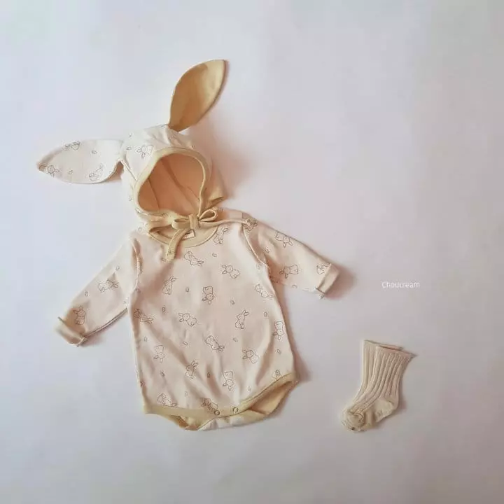 Choucream - Korean Baby Fashion - #babygirlfashion - Rabbit Bonnet Bodysuit Yellow