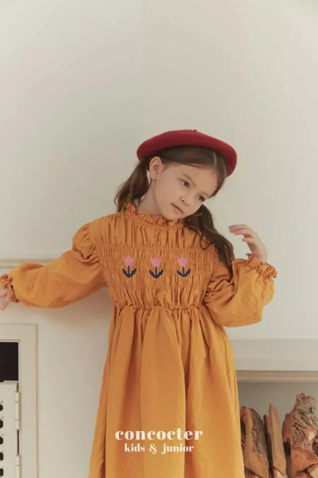 Concocter - Korean Children Fashion - #kidzfashiontrend - Smocking Tulip One-piece - 5