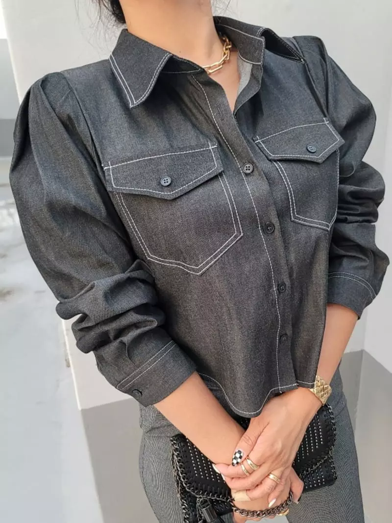Gratia - Korean Women Fashion - #romanticstyle - Denim Edge Shirt - 4