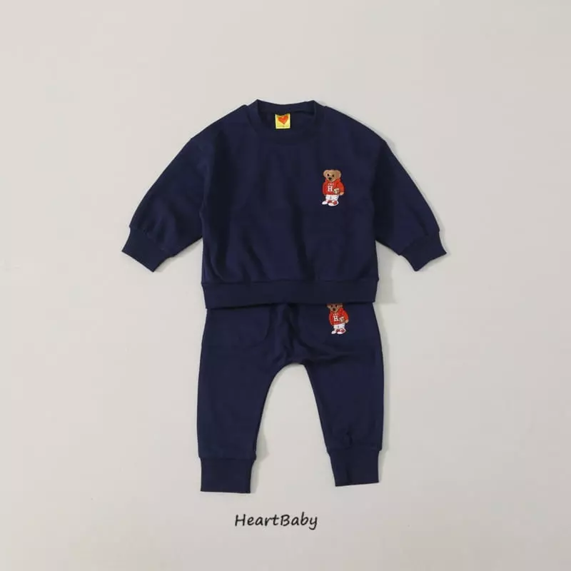 Heart Baby - Korean Children Fashion - #childrensboutique - Bear Embrodiery Top Bottom Set - 3