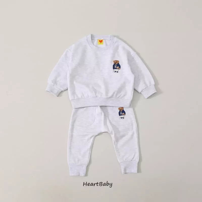 Heart Baby - Korean Children Fashion - #childrensboutique - Bear Embrodiery Top Bottom Set - 4