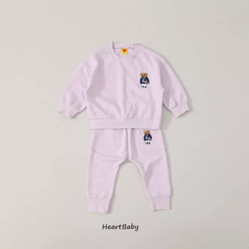 Heart Baby - Korean Children Fashion - #fashionkids - Bear Embrodiery Top Bottom Set - 6