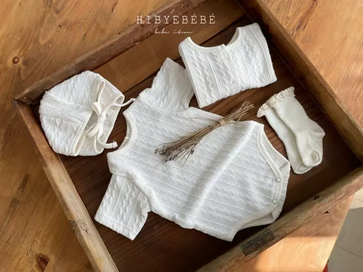 Hi Byebebe - Korean Baby Fashion - #babyfever - Embo Knit Cardigan Bodysuit Bonnet Set - 2