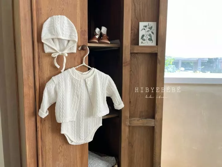 Hi Byebebe - Korean Baby Fashion - #babygirlfashion - Embo Knit Cardigan Bodysuit Bonnet Set - 3