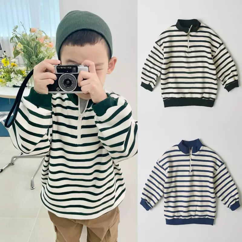 Hyvaa - Korean Children Fashion - #fashionkids - Half Zip-up Stripes Tee