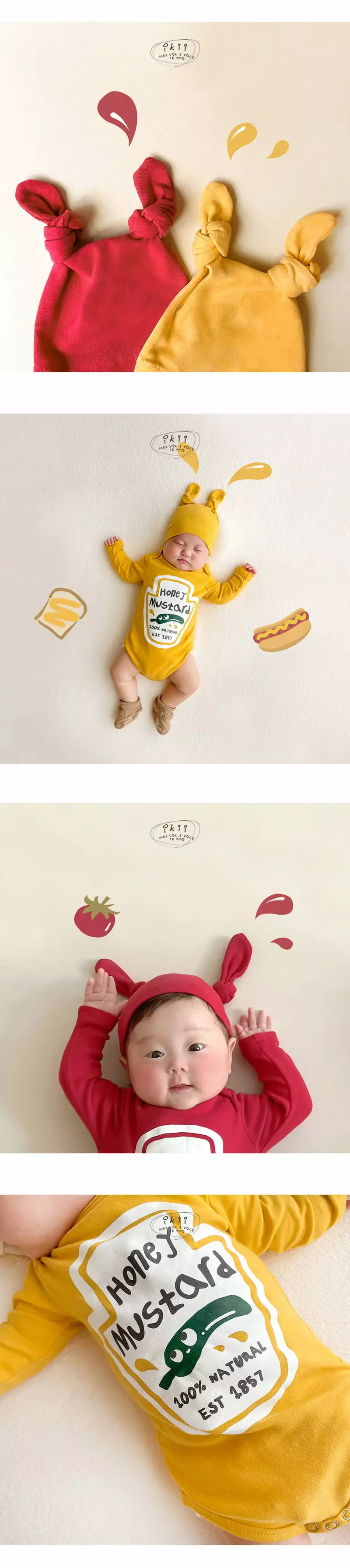 Ikii - Korean Baby Fashion - #babylifestyle - Ketchup  Mustard Bodysuit with Hat - 3