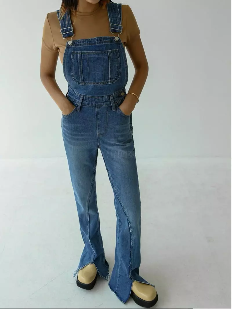 Inssense - Korean Women Fashion - #momslook - Front Cutting Denim Overalls - 7