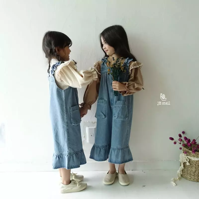 JM Snail - Korean Children Fashion - #childofig - Frill Denim Dungarees Pants - 2