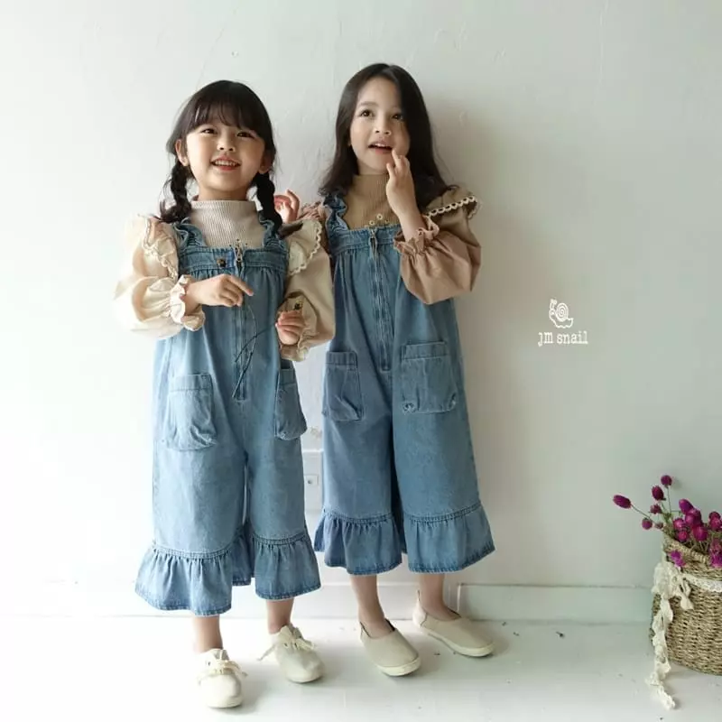 JM Snail - Korean Children Fashion - #childofig - Frill Denim Dungarees Pants - 3