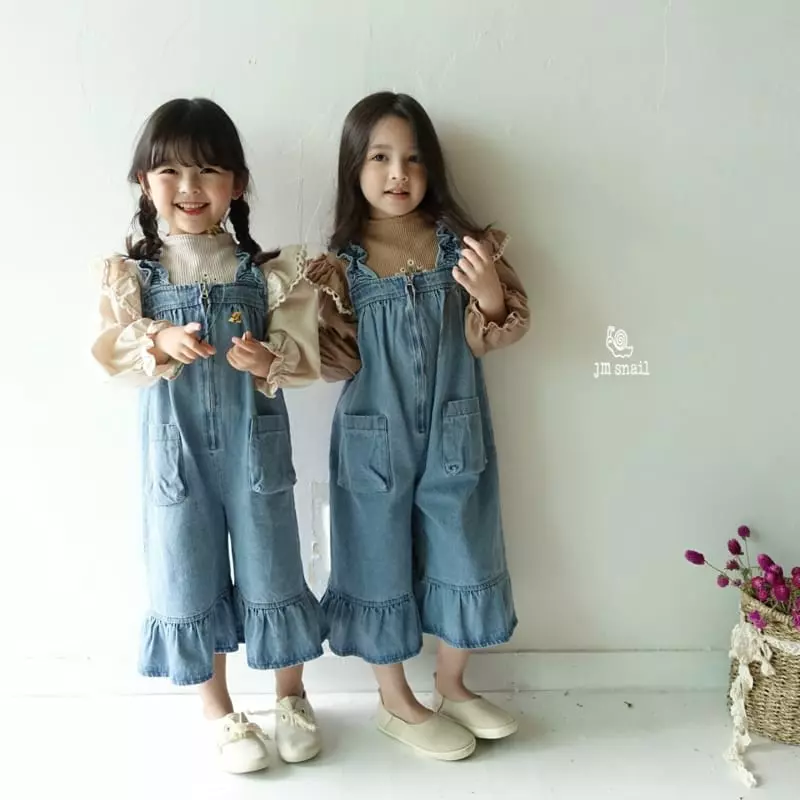 JM Snail - Korean Children Fashion - #childofig - Frill Denim Dungarees Pants - 4
