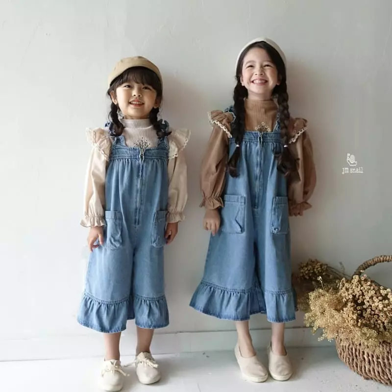 JM Snail - Korean Children Fashion - #discoveringself - Frill Denim Dungarees Pants - 6