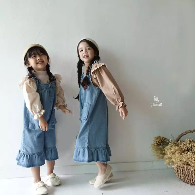 JM Snail - Korean Children Fashion - #fashionkids - Frill Denim Dungarees Pants - 7